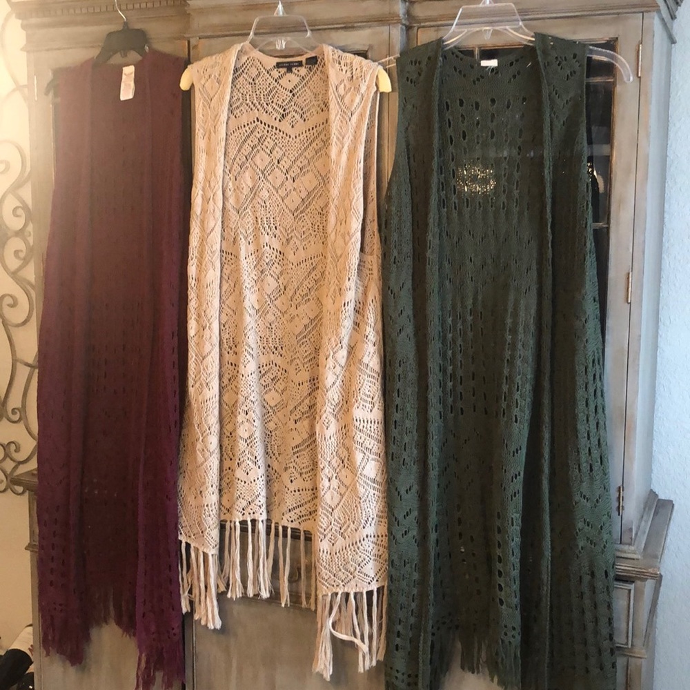 3 pretty XL long sweater vest w/fringed bottom